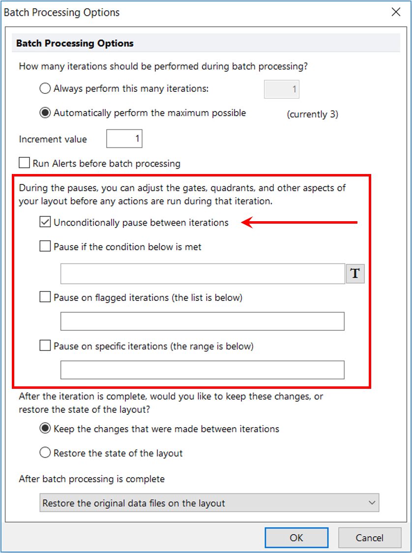 Figure T9.15  Batch Processing Options - Unconditionally Pause Between Iterations Enabled
