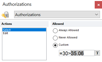 Figure 5.285 - The Authorizations formatting dialog. In the example a Select action was set to be Custom and is only allowed if the formula returns a true result. In this case the plot will remain not selectable because the token value (highlighted in grey) is higher than the reference value of 70. 