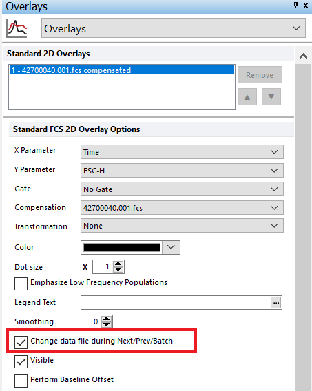 Figure 6.1 - Example of Formatting dialog for 2D plots in which the Change data file during Next/Prev/Batch option is selected. The same option is available for histograms and Tokens.