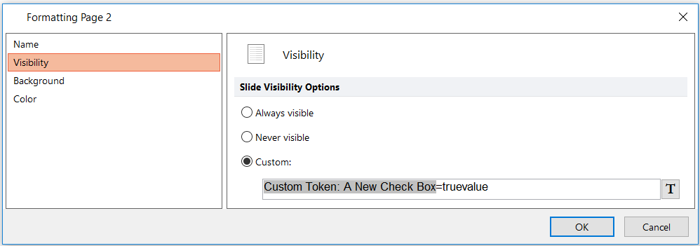 Figure T5.67  Entering a custom page visibility formula to view or hide a page based on the status of a check box being checked or unchecked.