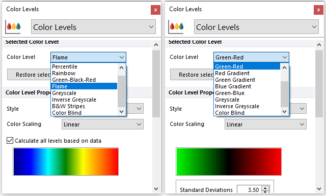 Figure 5.35 Color level choices for Density (left) and Contour (right) plots