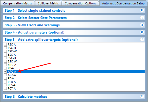 Figure 9.29 The Add extra spillover targets (optional) dialog. Checking a box will calculate the spillover for targets that have no source.