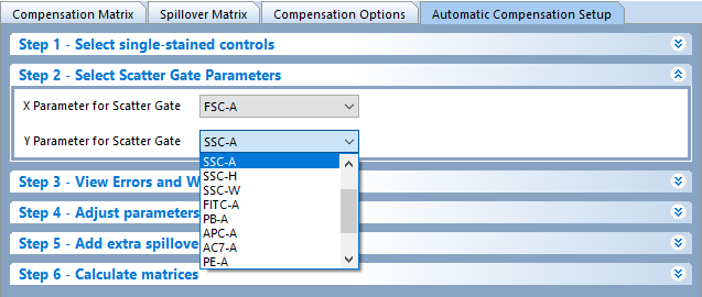 Figure 9.23  Step 2 - Select Scatter Gate Parameters. Choose the respective X and Y Scatter Gate parameters from the dropdown menu.