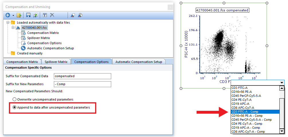 Figure 9.34 Append to data after uncompensated parameters. Note the Suffix for New Parameters appears when this option is selected. The uncompensated parameters appear first in the parameter list, followed by the compensated parameters (red arrow).