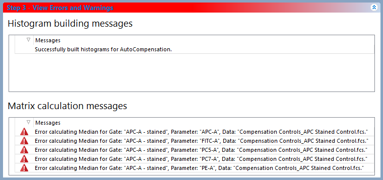 Figure 9.26 Step 3 displaying an error in the "Matrix calcualtion messages" section.