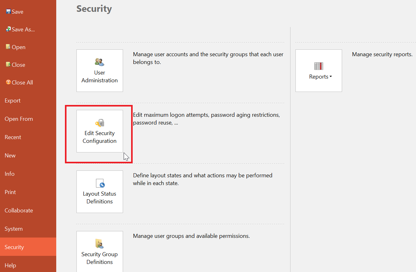 Figure 18.17 Navigating to the Edit Security Configuration dialog