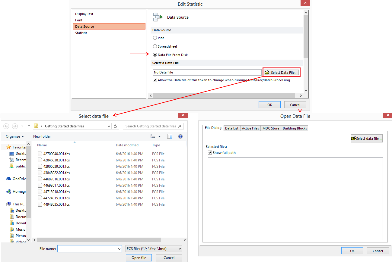 Figure 12.11 - Selecting a Data File as Data Source for a token, through either the Select Data File dialog (lower left) or the Open Data File dialog (lower right) .