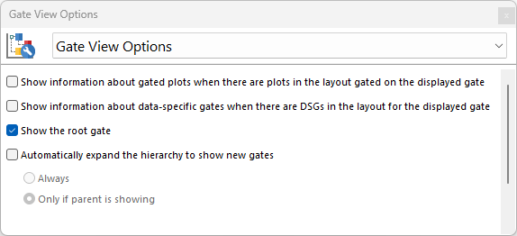 Figure 5.163  Top - Gate View Options found in the Formatting Tab Dropdown. Bottom - A Gate View showing plot navigator items and data specific gates.