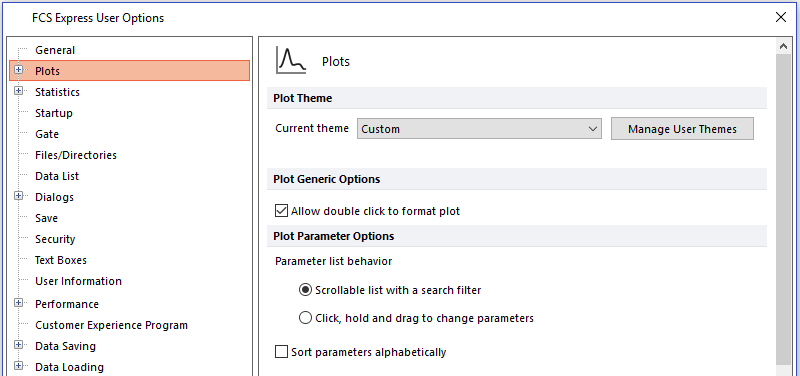 Figure 20.3 - The Plots category in the FCS Express User Options.
