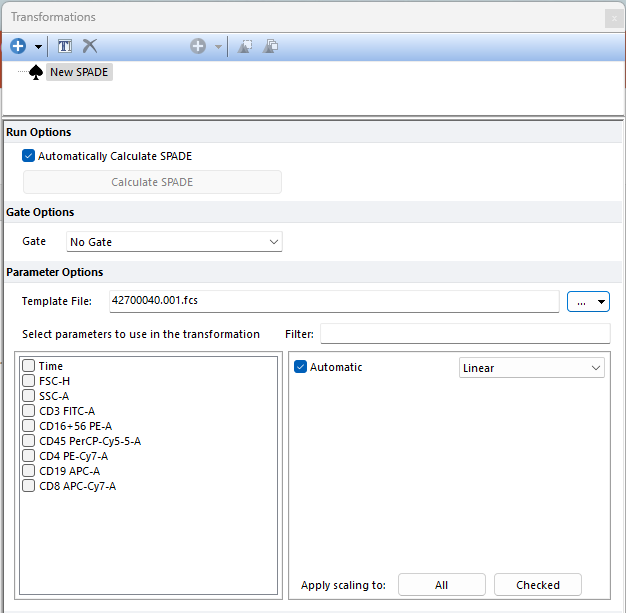 Figure 9.154 When a template file is selected, the possible parameters to perform a SPADE transformation are automatically listed in the SPADE dialog.