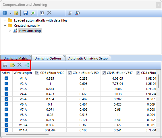 Figure 9.10.The Unmixing Matrix tab in the Compensation and Unmixing dialog.