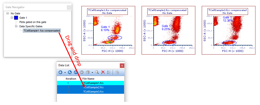 Figure 7.26 - Creating a data specific gate group by dragging and dropping files from the data list to the data specific gate intended as the new group master gate within the gate navigator. 