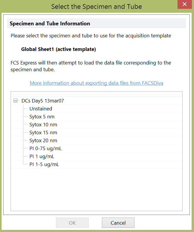 Figure 15.4  Selecting FCS File Data for an Imported FACSDiva Experiment