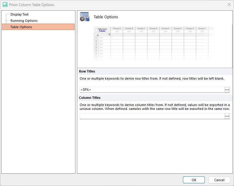 Figure 8.31 Prism Column Table Options 