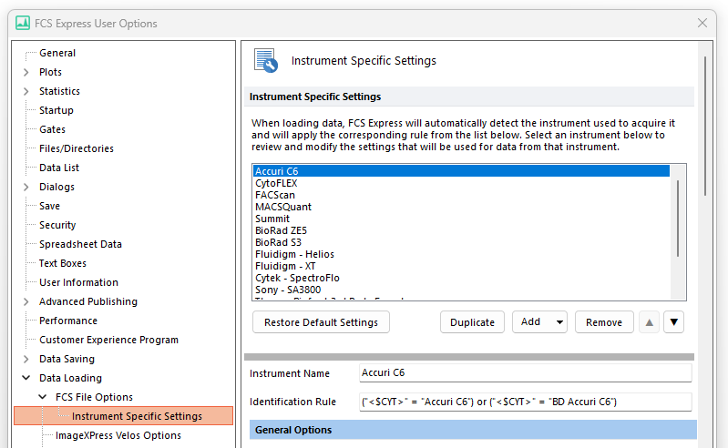 Figure 20.55   FCS File Options> Instrument Specific Settings dialog (top portion). Settings show are explained in table below. 