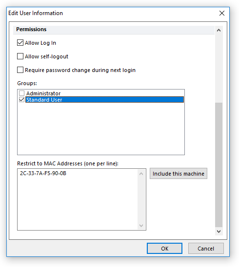 Figure 18.6 Restrict User to Defined MAC Address(es) in User Information Dialog