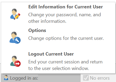 Figure 18.26 Logging out via the logout current user drop down in the bottom bar of FCS Express. 