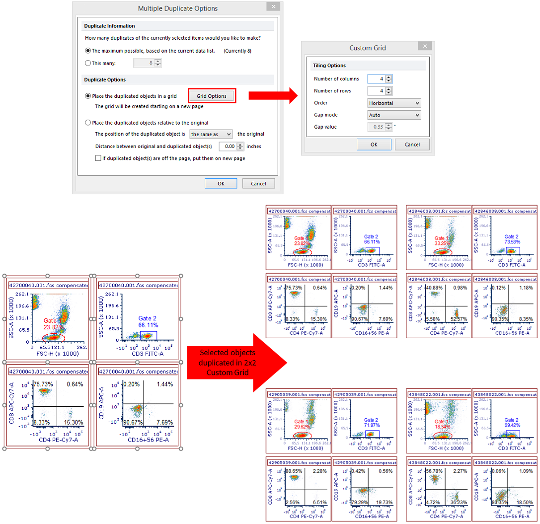 Figure 3.15 Multiple Duplicate Options (top), including Custom Grid Tiling Options (top right), and an example of selected objects Multiple Duplicated with the pictured options (bottom).