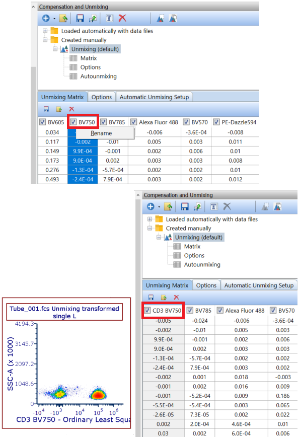 (Figure 9.12) Renaming the endmember in the Unmixing Matrix. The BV750 endmember (top red highlighting) was renamed to CD3 BV750 (bottom)  Plots will update changes and reflect the new endmember on the axis.