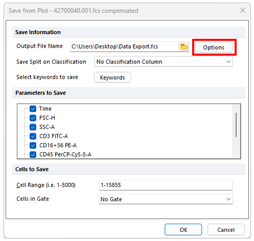 Figure 14.12 - When Export file name is populated with .fcs file type the Options button (highlighted with red box) is activated.
