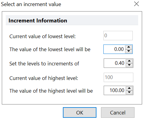 Figure 5.37 - The Select an increment value dialog allows you to automatically set increments for color levels based on the desired low value, high value, and increment value between discreet color levels to use. 