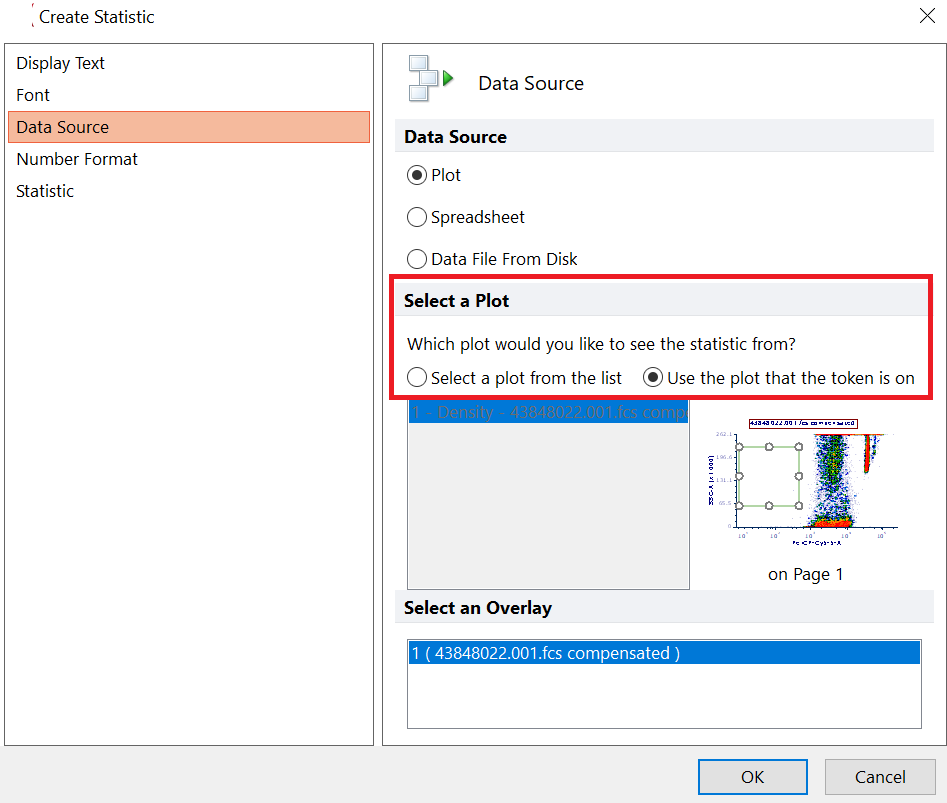 Figure 12.3 - Create Statistic dialog displaying options outline in red for selecting plot as source for token to be inserted.