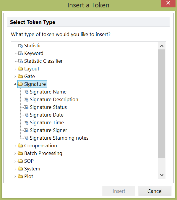 Figure 16.7 Signature tokens available in FCS Express.