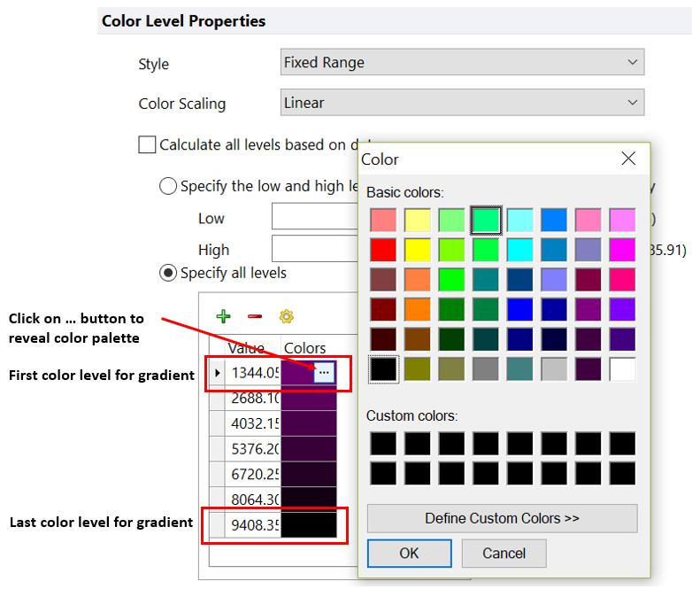 Figure 5.38 - The first and last color levels in the list will determine the beginning and ending colors for the gradient. Clicking on the ... button within the color will allow you to pick a new color for the color palette. 