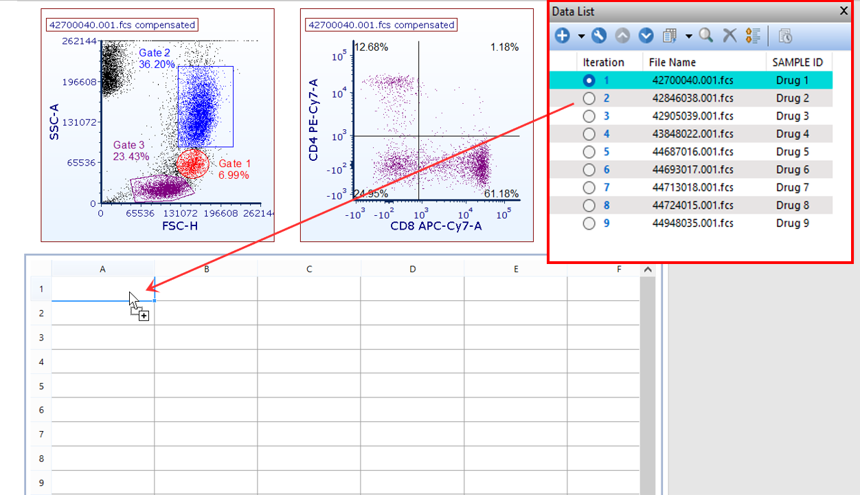 Figure 5.200 - Dragging and dropping data files from the data list into a cell in the spreadsheet.