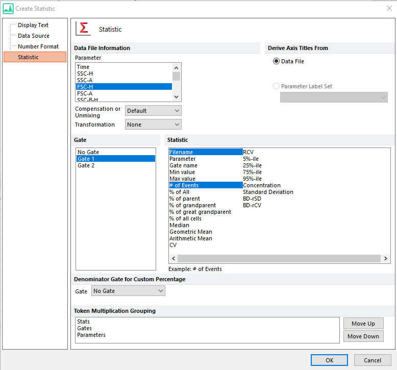 Figure 5.201 - Selecting the parameter, compensation, and statistics to insert in the spreadsheet cells. 