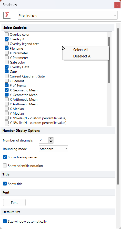 Figure 11.9 Select/Deselect All statistics for 2D Plot