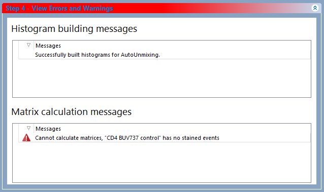 Figure 9.44 Step 4 displaying an error in the "Matrix calcualtion messages" section.