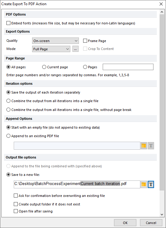 Figure T20.46  Create Export To PDF Action Dialog after Adding Current Batch Iteration Token to File Name