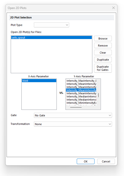 Figure T26.11  Opening a Heat Map and Choosing the Y-Axis Parameter from the Open 2D Plots Dialog