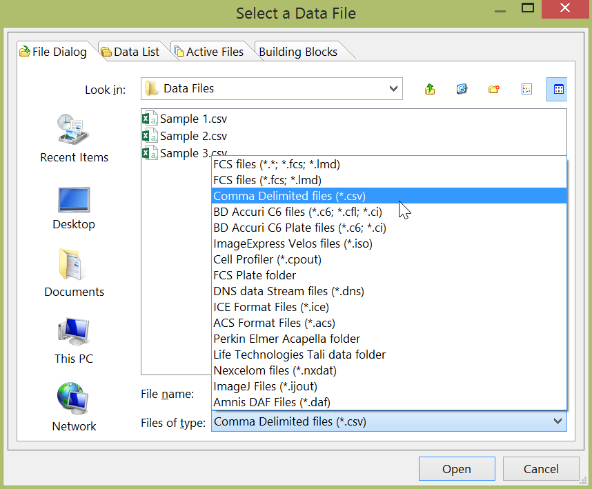 Figure 15.8 - Choosing the Comma Delimited files (*.csv) file type in the select a data file dialog.