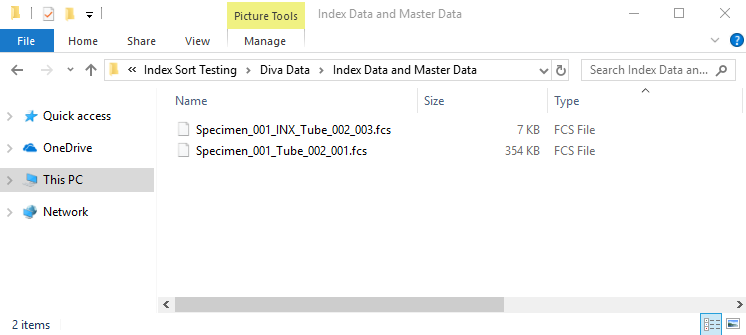 Figure 5.105 Diva Index Sorting Data Files. Note the larger sized "master" file that contains all events collected and the smaller size file that only contains sorted events. 