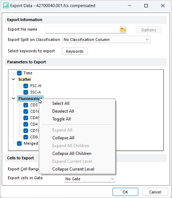 Figure 14.7 The Export dialog with parameter list divided into groups.