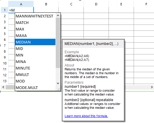 Figure 5.193 - Inserting "=" followed by text into a spreadsheet cell will open a drop down menu containing formulas, functions, and operators.  Each item listed will display a description when the cursor is hovered over it and item is highlighted blue.