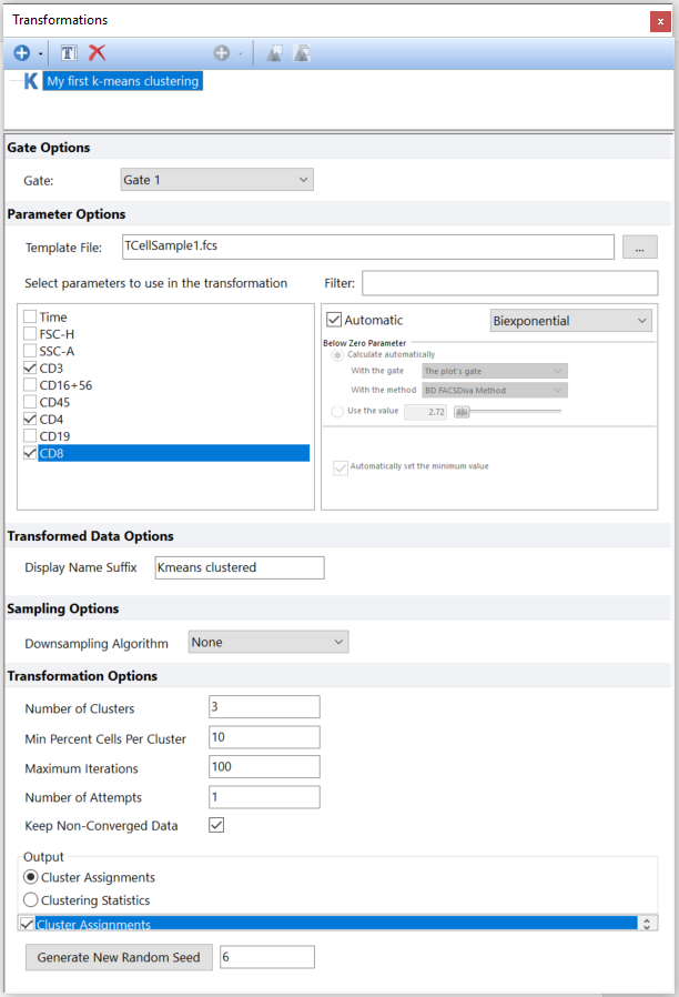 Figure T33.4. The Transforamtion dialogue partially filled for a new k-means clustering transformation.