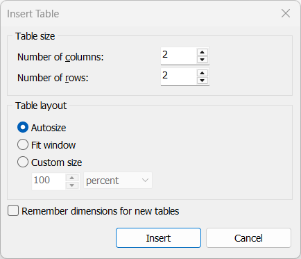 Figure 5.164 - Insert Table Ribbon and Dialog