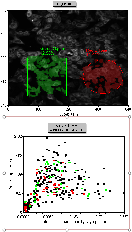 Figure T30.24  Events from Green Square and Red Ellipse Gates Displayed in Respective Colors on Color Dot Plot