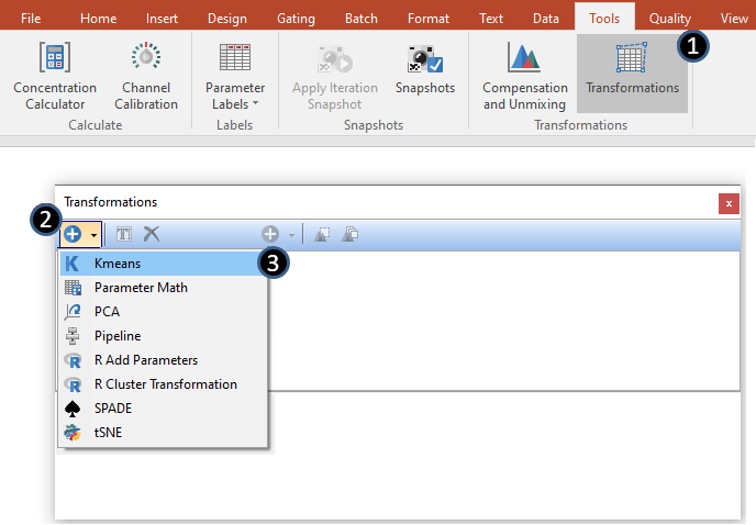 Figure T33.2. k-means transformations are created via the Transformation navigator.