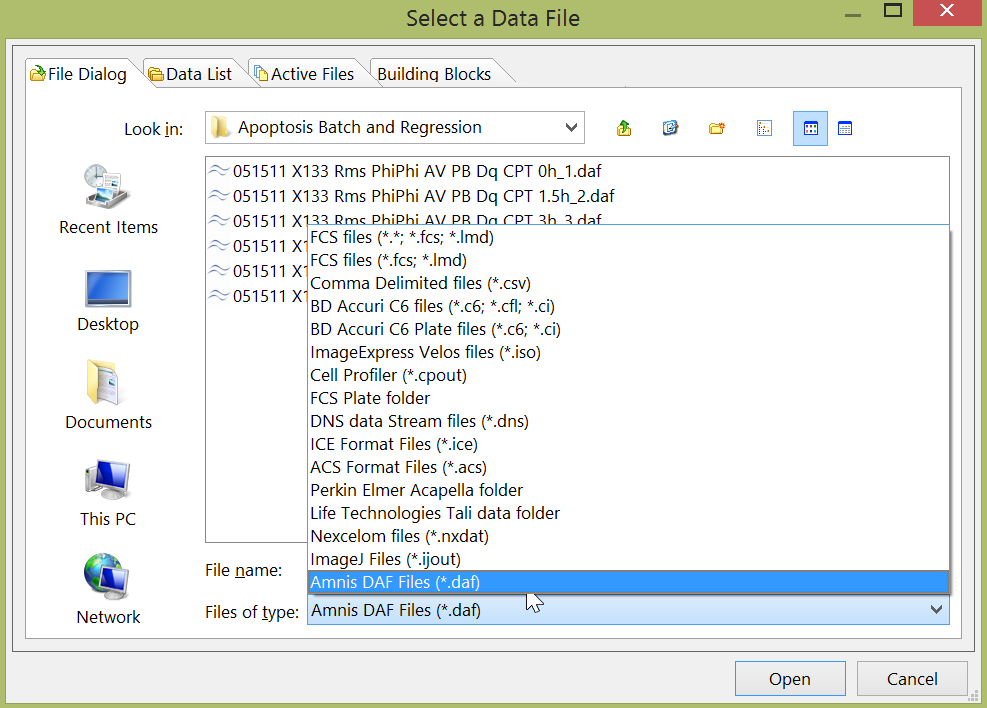 Figure 15.10 - Selecing the Amnis DAF File of type from the Select a Data File dialog.