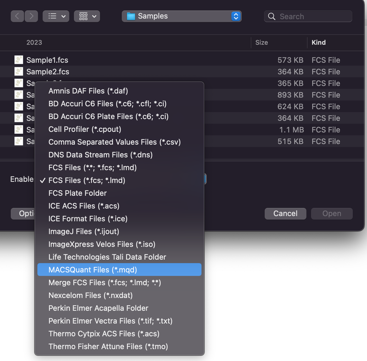 Figure 6.4 The "Options" button and the "Enable" dropdown menu allowing to select the file type of interest.