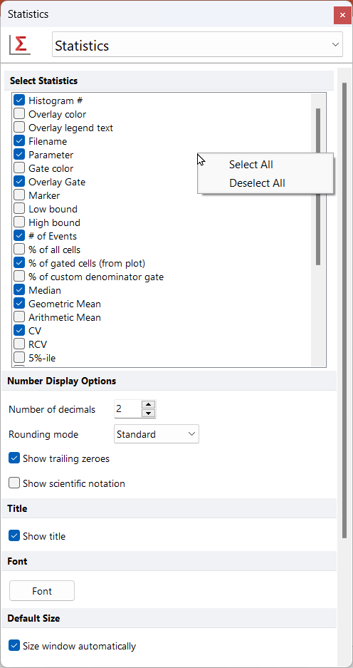 Figure 11.8 Select/Deselect All statistics for 1D Plot