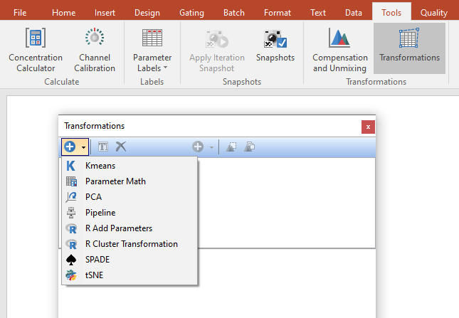 Figure 9.70 - The transformations navigator in FCS Express. Clicking on the down arrow next to the blue plus button allows access to a variety of transformations. 
