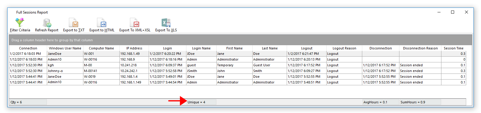 Figure 18.46 Number of Unique Users displayed in footer of Full Sessions report