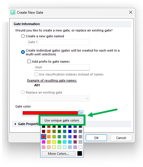 Figure 5.88 The "Create New Gate" dialog with the "Use unique gate colors" button highlighted.