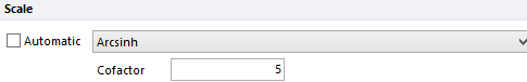 Arcsinh is choosen from the Scale drop down menu. The cofactor value determines the size of the linear region around 0.