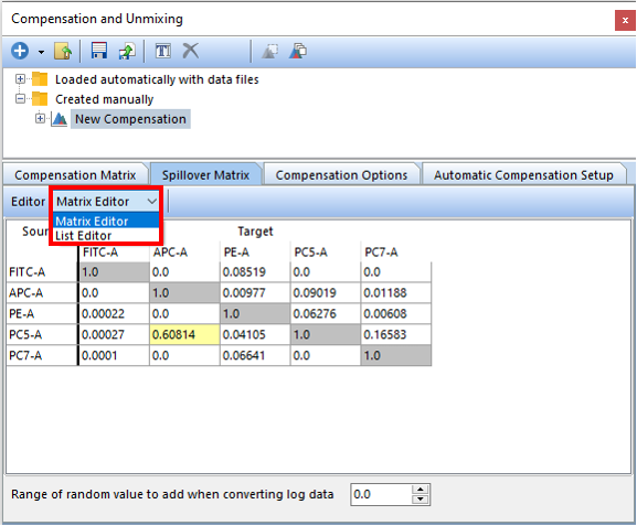Figure T8.16  The Spillover Matrix created from the Automatic Compensation Setup. The red box indicates you can change from Matrix Editor to List Editor view. The Spillover Matrix tab will display the spillover matrix for your compensation definition.